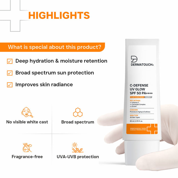 C-Defense UV Glow SPF 50 PA++++ Fluid Sunscreen for Premature Aging & Sunburn (In-Vivo & In-Vitro Tested) 80ml