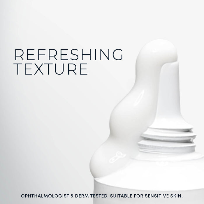 White skincare bottle with text on a light gray background
refreshing texture
ophthalmologist & derm tested. suitable for sensitive skin