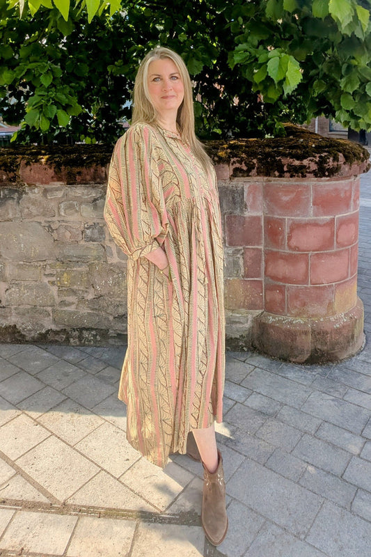 Roberta Pink Beige Block Printed Cotton Boho Dress - Precious Sparkle