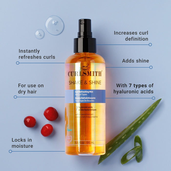 Curlsmith Shake & Shine hair product bottle with features on a blue background