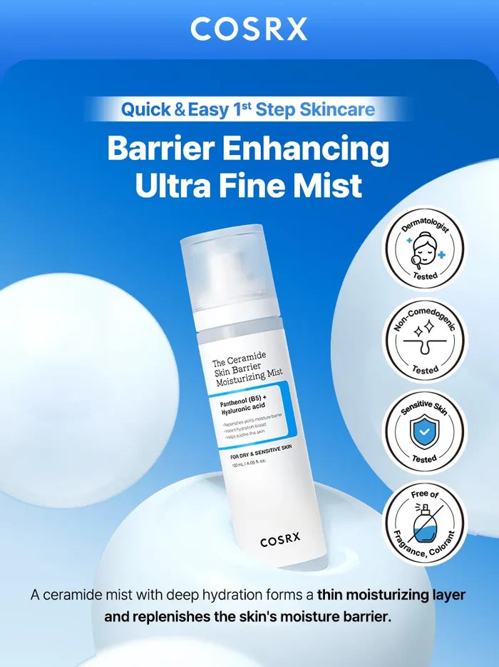 COSRX The Ceramide Skin Barrier Moisturizing Mist displayed against a blue background with dermatologist-tested, non-comedogenic, and fragrance-free certifications; ultra-fine ceramide mist forming a thin moisture layer to reinforce skin barrier and deliver soothing hydration for dry or tight skin.