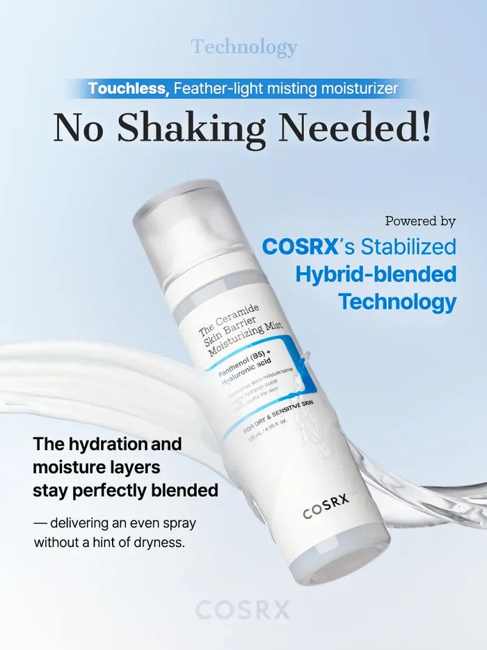 COSRX The Ceramide Skin Barrier Moisturizing Mist shown mid-spray with text ‘No Shaking Needed’; powered by stabilized hybrid-blended technology to evenly distribute moisture and hydration layers for balanced barrier care and touchless soothing misting application.